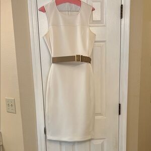 Calvin Klein White  Dress with Tan Belt